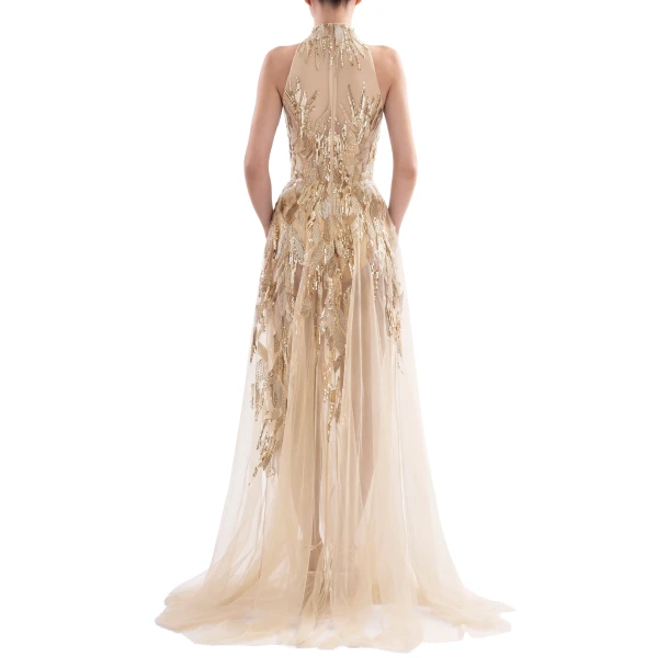 Saiid Kobeisy Long Embroidered Dress in Skin and Gold, view 3