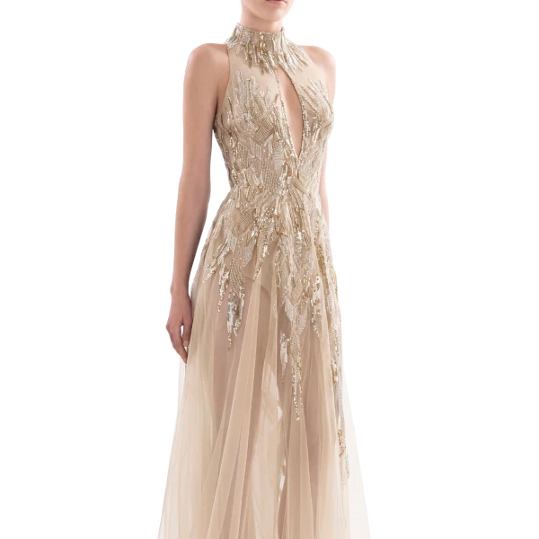 Saiid Kobeisy Long Embroidered Dress in Skin and Gold, view 4