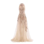 Saiid Kobeisy Long Embroidered Dress in Skin and Gold
