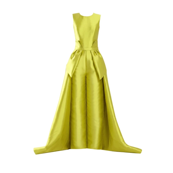 Mikado Classic Jumpsuit with Detachable Overskirt in Lime Green