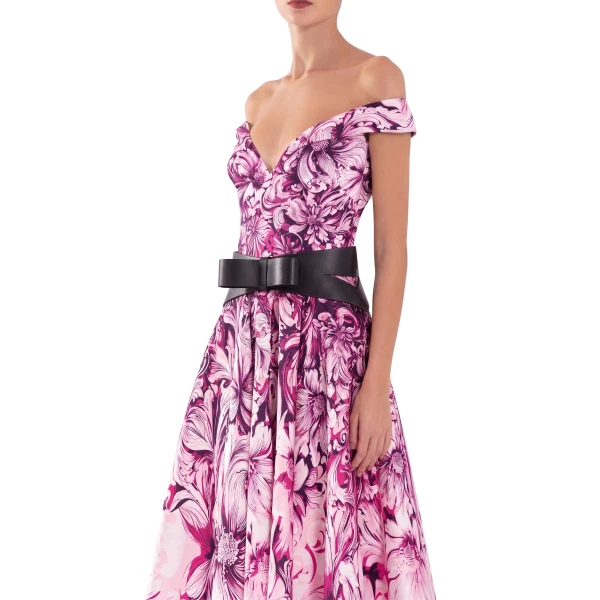 Saiid Kobeisy Mikado Printed Dress with Off-Shoulder Sleeves in Magenta Print, view 4