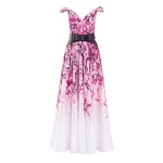 Saiid Kobeisy Mikado Printed Dress with Off-Shoulder Sleeves in Magenta Print