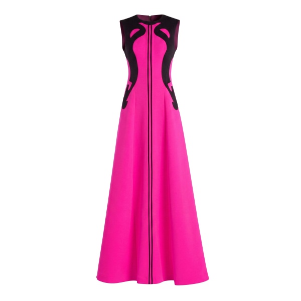 Saiid Kobeisy Neoprene Dress with Abstract Contrast Cuts in Magenta and Jet Black
