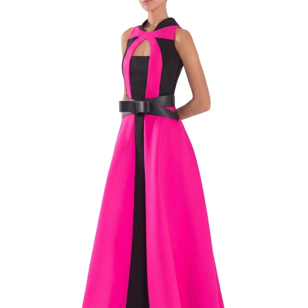 Saiid Kobeisy Neoprene Dress with Contrasting Cuts in Magenta and Jet Black, view 4