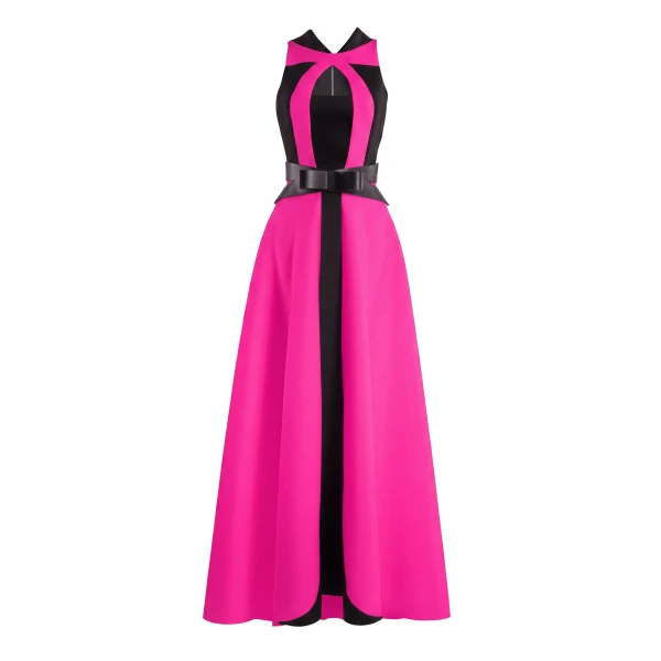 Neoprene Dress with Contrasting Cuts in Magenta and Jet Black