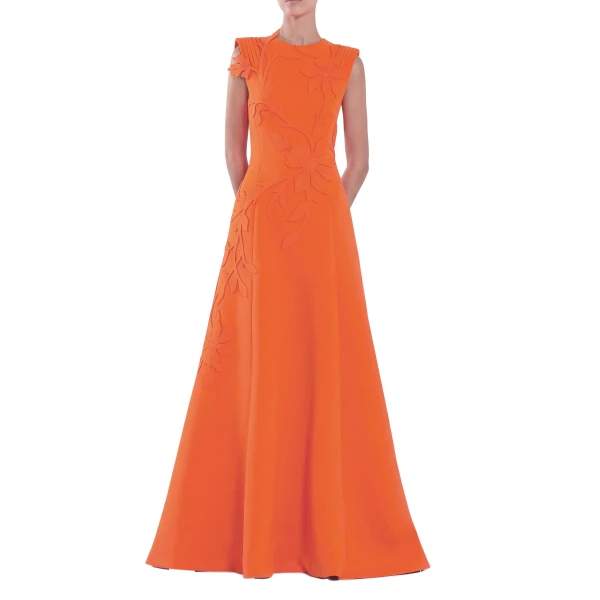 Saiid Kobeisy Neoprene Dress with Floral Embroidery in Vibrant Orange, view 2