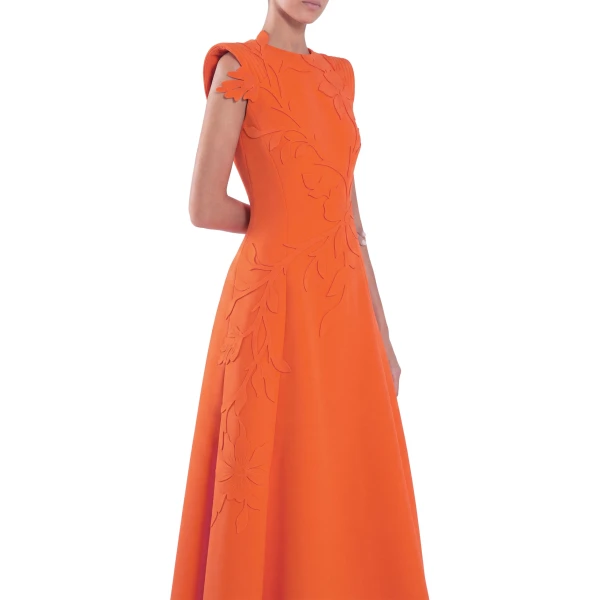 Saiid Kobeisy Neoprene Dress with Floral Embroidery in Vibrant Orange, view 4