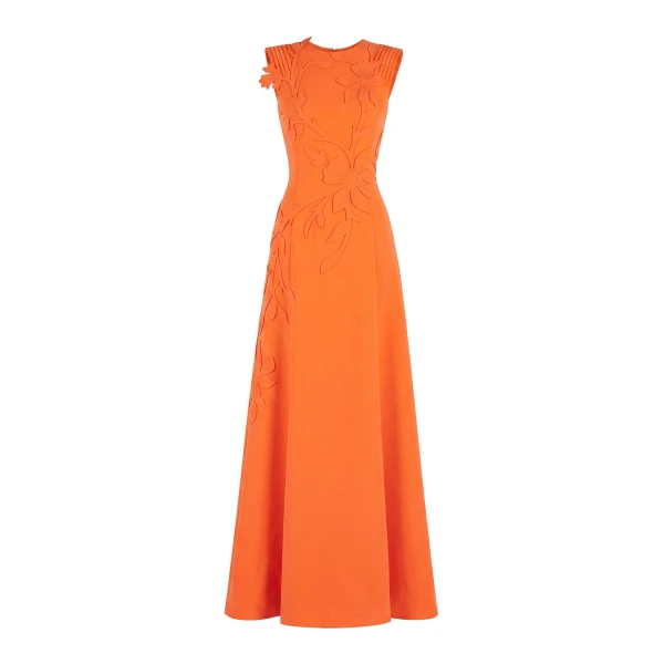 Saiid Kobeisy Neoprene Dress with Floral Embroidery in Vibrant Orange