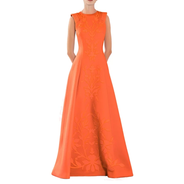 Neoprene Dress with Matching Embroidery in Vibrant Orange