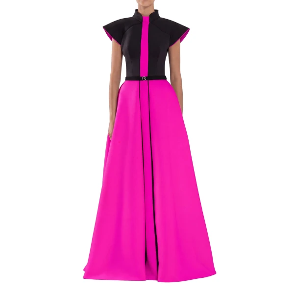 Saiid Kobeisy Neoprene Dress with Wide Shoulders in Magenta and Jet Black, view 2