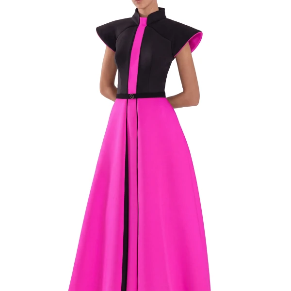 Saiid Kobeisy Neoprene Dress with Wide Shoulders in Magenta and Jet Black, view 3