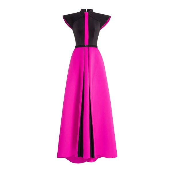 Saiid Kobeisy Neoprene Dress with Wide Shoulders in Magenta and Jet Black