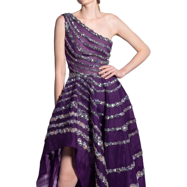 Saiid Kobeisy One Shoulder Asymmetric Beaded Dress in Green with Multicolour beading, view 4