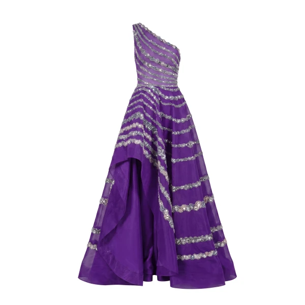 One Shoulder Asymmetric Beaded Dress in Green with Multicolour beading