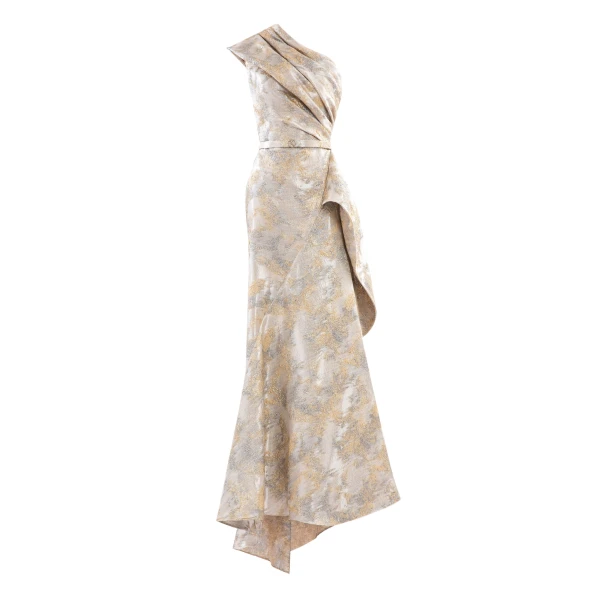 Saiid Kobeisy One-Shoulder Brocade Dress in Grey and Yellow Pear, view 2