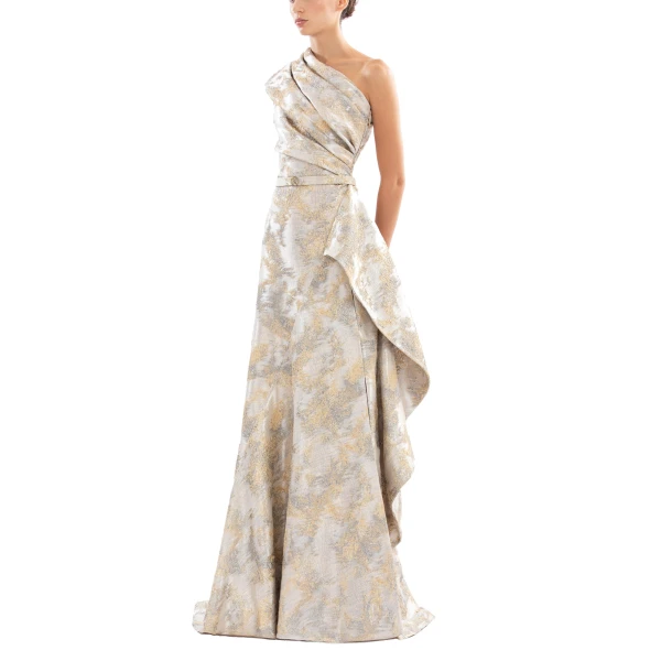 Saiid Kobeisy One-Shoulder Brocade Dress in Grey and Yellow Pear, view 4