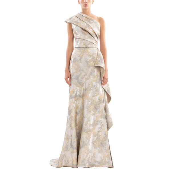 Saiid Kobeisy One-Shoulder Brocade Dress in Grey and Yellow Pear