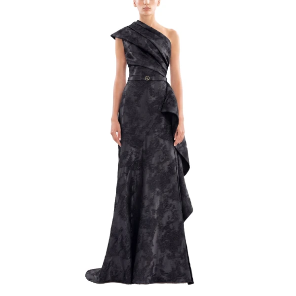 Saiid Kobeisy One-Shoulder Brocade Dress in Jet Black, view 2