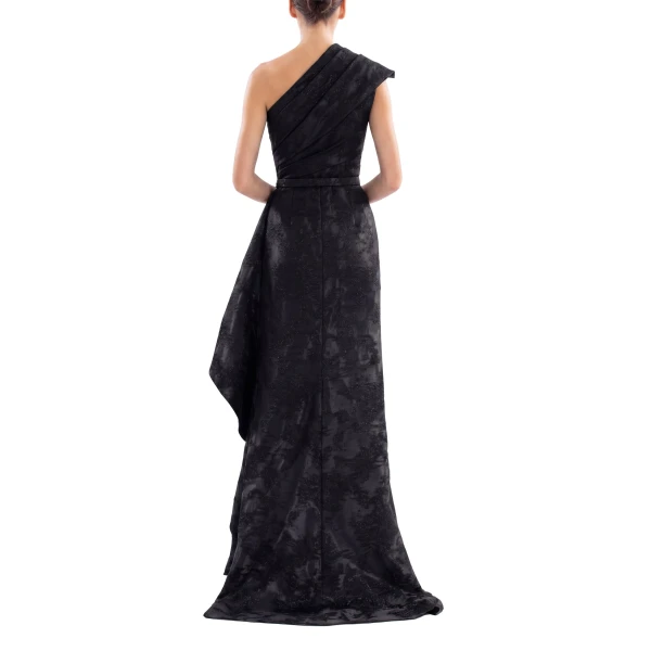 Saiid Kobeisy One-Shoulder Brocade Dress in Jet Black, view 3