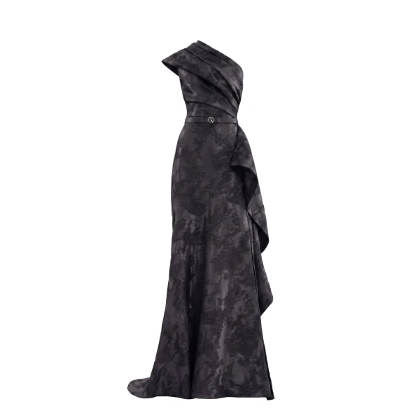 Saiid Kobeisy One-Shoulder Brocade Dress in Jet Black