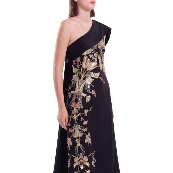 Saiid Kobeisy One Shoulder Embroidered Crepe Dress in Jet Black, view 2
