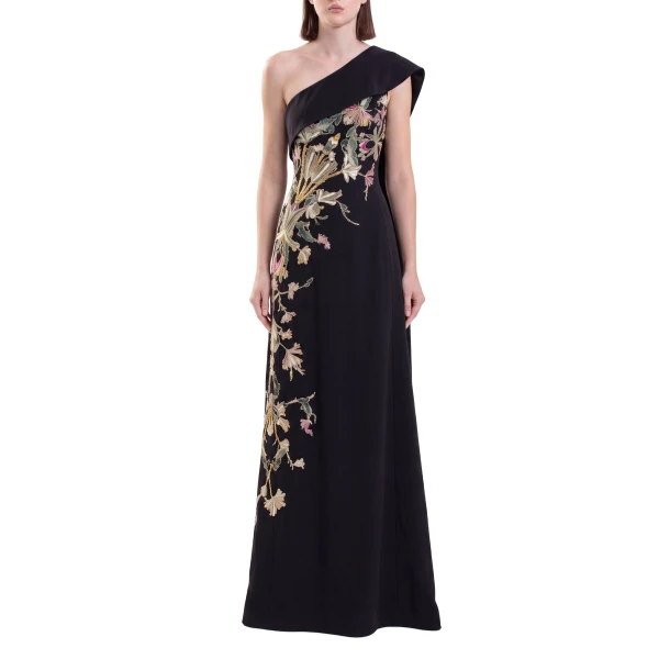 Saiid Kobeisy One Shoulder Embroidered Crepe Dress in Jet Black