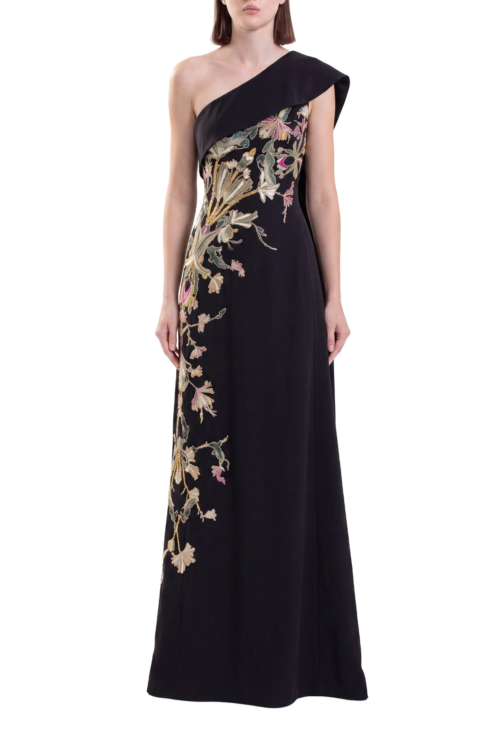 Saiid Kobeisy One Shoulder Embroidered Crepe Dress in Jet Black | Dresses | Coveti Saiid Kobeisy One Shoulder Embroidered Crepe Dress in Jet Black