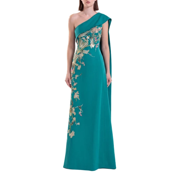 Saiid Kobeisy One Shoulder Embroidered Crepe Dress in North Sea, view 2