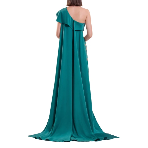 Saiid Kobeisy One Shoulder Embroidered Crepe Dress in North Sea, view 4