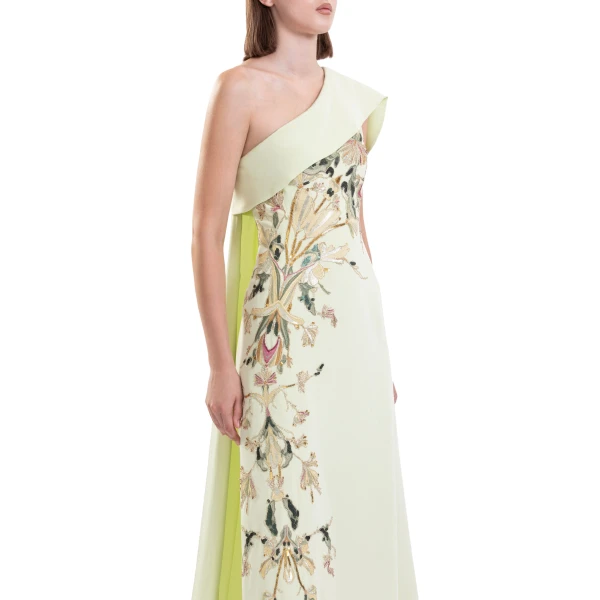 Saiid Kobeisy One Shoulder Embroidered Crepe Dress in Reed, view 3