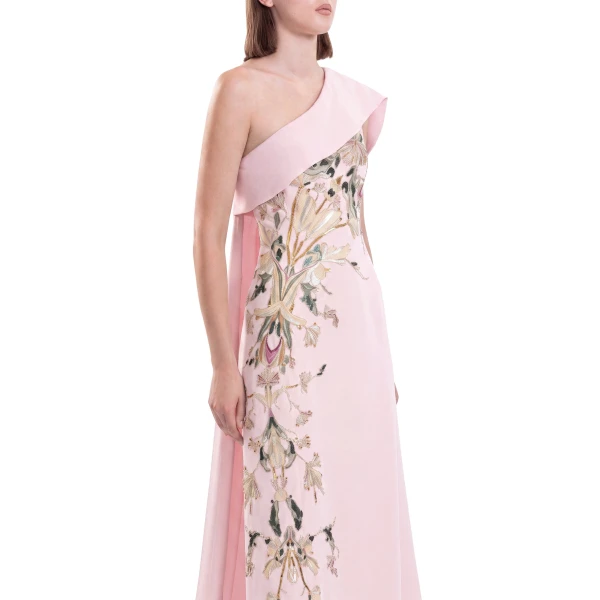 Saiid Kobeisy One Shoulder Embroidered Crepe Dress in Salsa Rosa, view 3