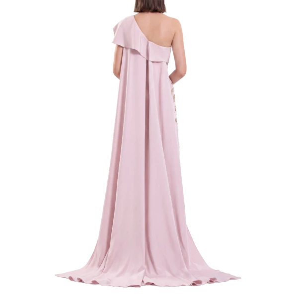 Saiid Kobeisy One Shoulder Embroidered Crepe Dress in Salsa Rosa, view 4