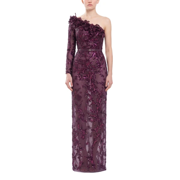 Saiid Kobeisy One-Shoulder Embroidered Tulle Dress in Italian Plum, view 2