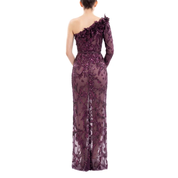 Saiid Kobeisy One-Shoulder Embroidered Tulle Dress in Italian Plum, view 4