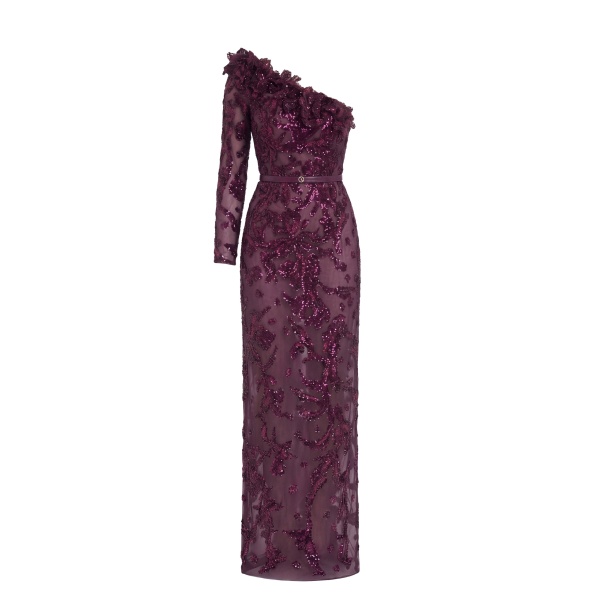 Saiid Kobeisy One-Shoulder Embroidered Tulle Dress in Italian Plum