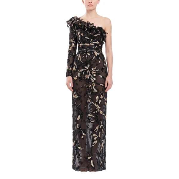 Saiid Kobeisy One-Shoulder Embroidered Tulle Dress in Jet Black, view 2