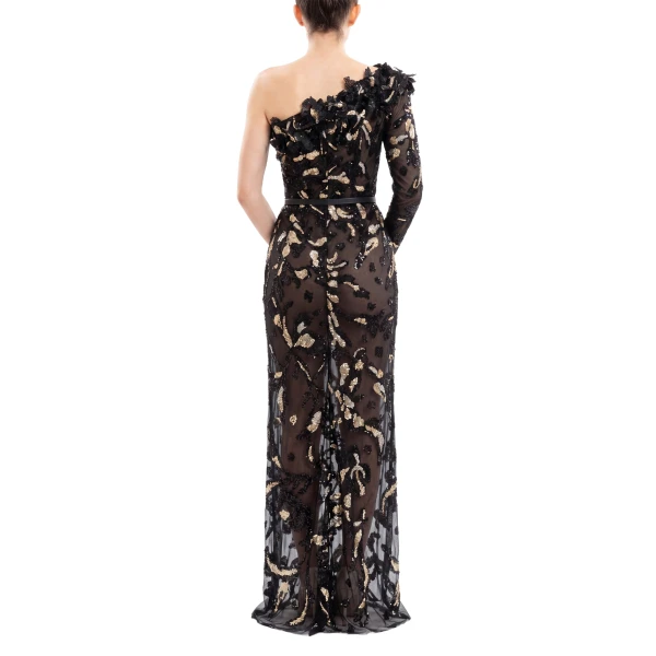 Saiid Kobeisy One-Shoulder Embroidered Tulle Dress in Jet Black, view 4