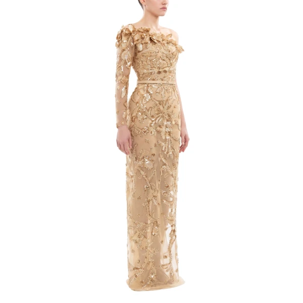 Saiid Kobeisy One-Shoulder Embroidered Tulle Dress in Light Gold, view 3