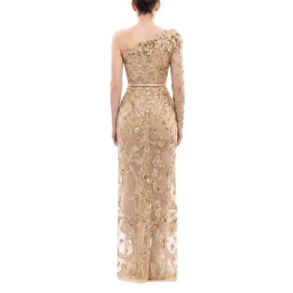 Saiid Kobeisy One-Shoulder Embroidered Tulle Dress in Light Gold, view 4