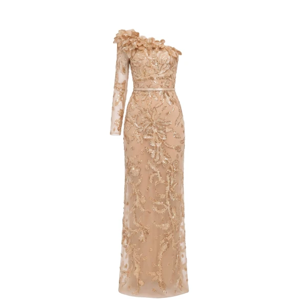 Saiid Kobeisy One-Shoulder Embroidered Tulle Dress in Light Gold