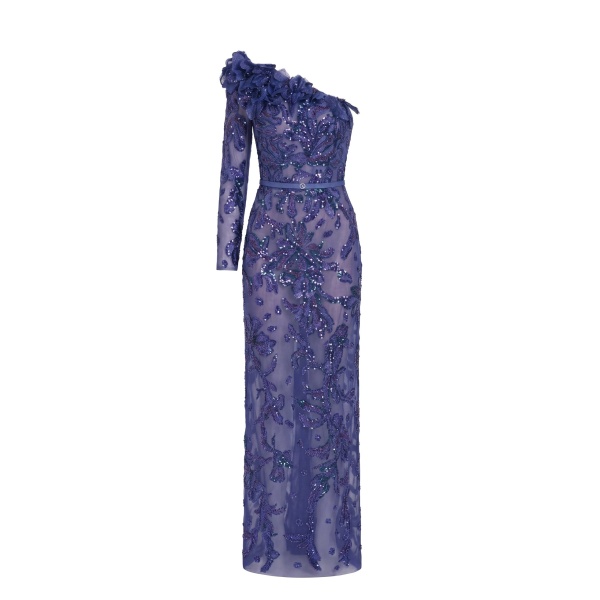 Saiid Kobeisy One-Shoulder Embroidered Tulle Dress in Marlin