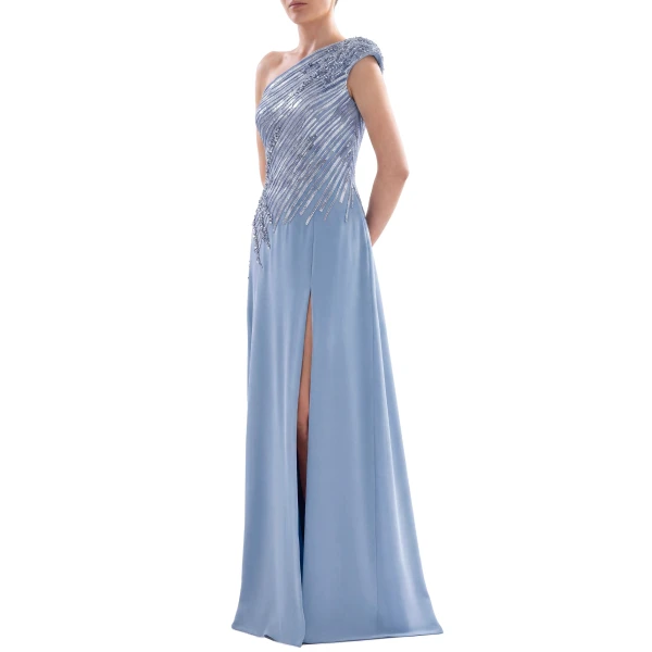 Saiid Kobeisy One Shoulder Sequin Long Dress in Blue, view 4