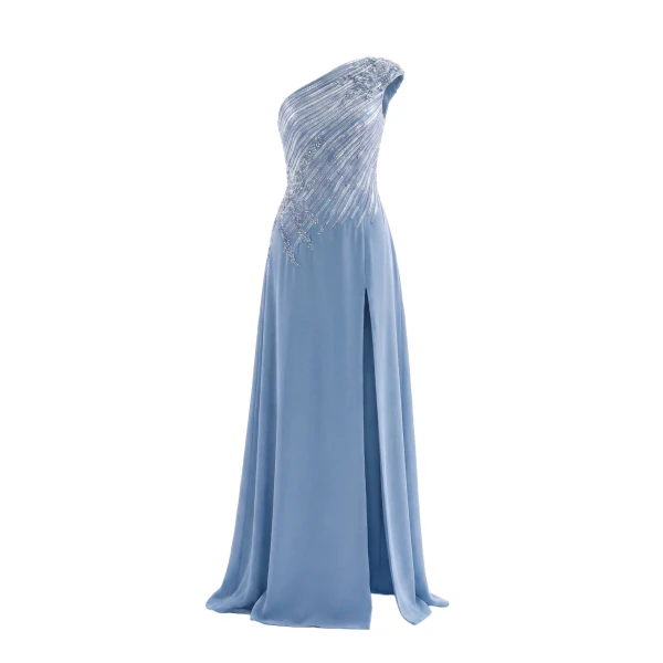 Saiid Kobeisy One Shoulder Sequin Long Dress in Blue