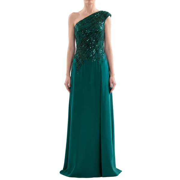 Saiid Kobeisy One Shoulder Sequin Long Dress in Green, view 2