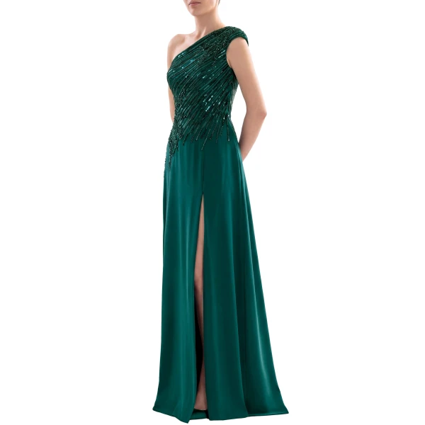 Saiid Kobeisy One Shoulder Sequin Long Dress in Green, view 4
