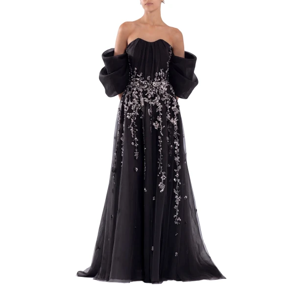 Saiid Kobeisy Organza Dress with Dotted Beading and Pleated Off-Shoulder Sleeves in Jet Black, view 2