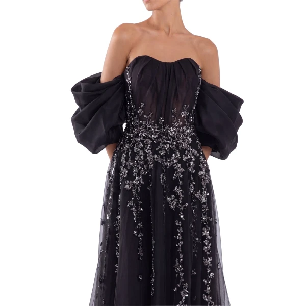Saiid Kobeisy Organza Dress with Dotted Beading and Pleated Off-Shoulder Sleeves in Jet Black, view 4