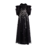 Saiid Kobeisy Organza Dress with Dotted Beading and Pleated Off-Shoulder Sleeves in Jet Black