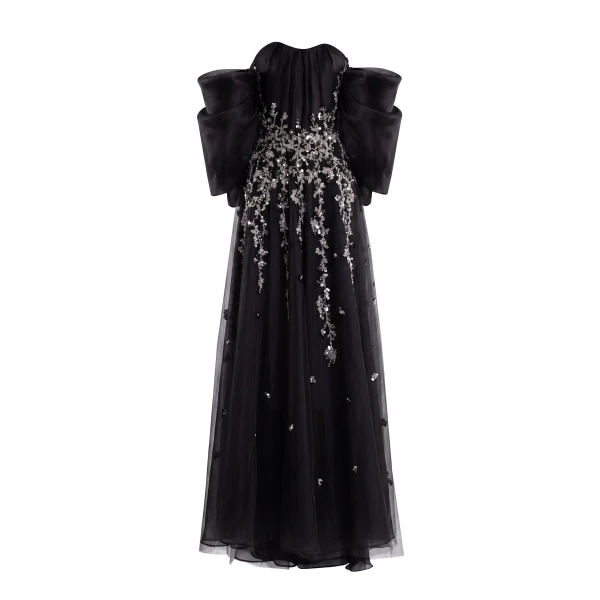 Saiid Kobeisy Organza Dress with Dotted Beading and Pleated Off-Shoulder Sleeves in Jet Black