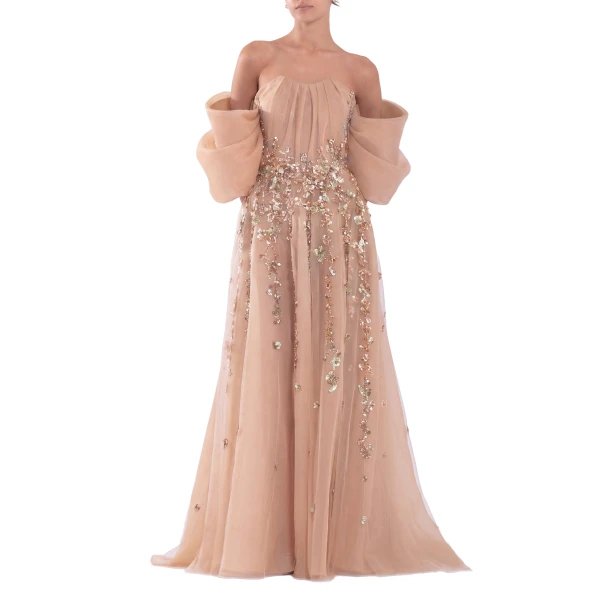 Saiid Kobeisy Organza Dress with Dotted Beading and Pleated Off-Shoulder Sleeves in Skin, view 2